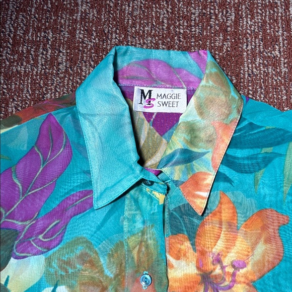 Maggie Sweet vintage sheer capri blue tropical floral button down women’s blouse - Picture 8 of 13